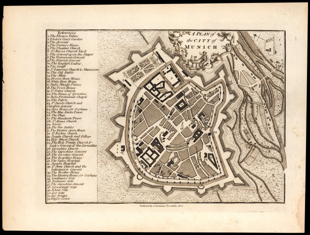 Alte Karte von München, Deutschland, mit schwarzem Hintergrund, zeigt Straßen, Gebäude und Sehenswürdigkeiten mit Textbeschriftungen.