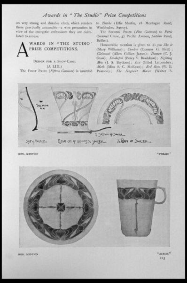 Schwarz-weiß-Zeichnung einer Tasse und eines Untersetzers mit einem Design, umrahmt von einem schwarzen Rand, und Text, der "Awards in the Studio Prize Competitions" liest.