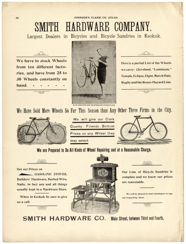 Werbung für Smith Hardware Co. mit einer Person, die ein Fahrrad hält und ein Rad im Vordergrund sowie Text, der die Produkte und Dienstleistungen des Unternehmens beschreibt.