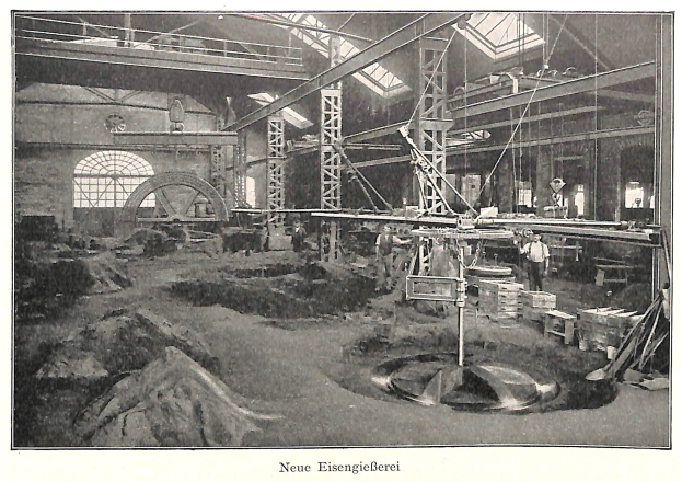 Schwarzes und weißes Foto eines Fabrikinneren mit Arbeitern, die Maschinen bedienen, Metallstangen und -rohre und die Beschriftung "Neue Eisengießerei, die erste Fabrik in Deutschland" am unteren Rand.