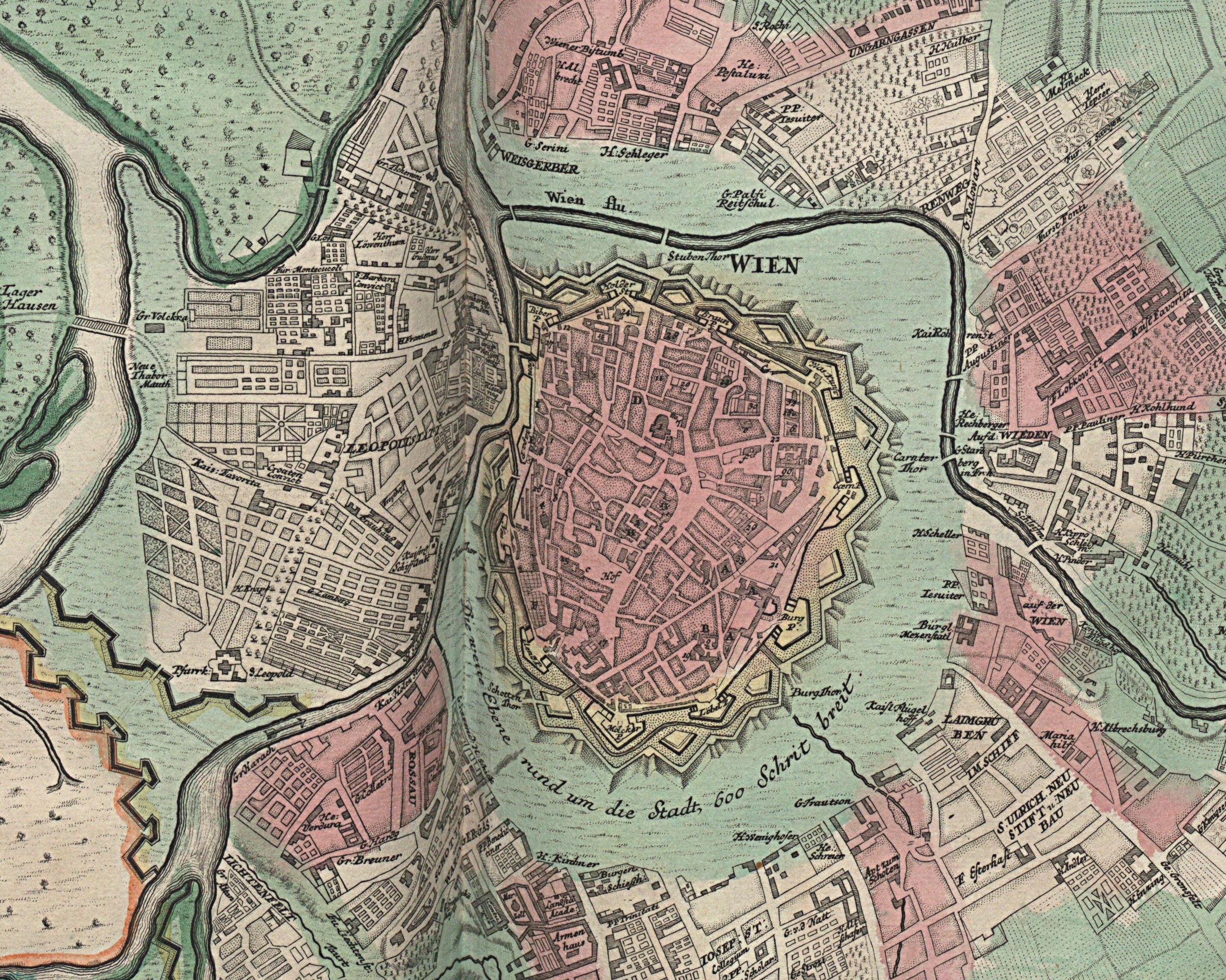 Ein detaillierter alter Stadtplan von Wien, Deutschland, der Straßen, Gebäude und Sehenswürdigkeiten mit detaillierten Markierungen zeigt.