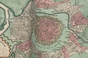 Ein detaillierter alter Stadtplan von Wien, Deutschland, der Straßen, Gebäude und Sehenswürdigkeiten mit detaillierten Markierungen zeigt.