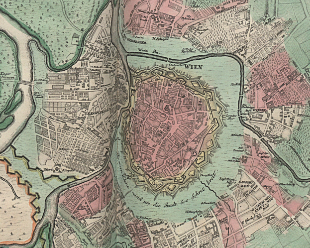 Ein detaillierter alter Stadtplan von Wien, Deutschland, der Straßen, Gebäude und Sehenswürdigkeiten mit detaillierten Markierungen zeigt.