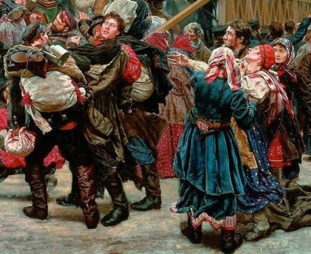 Gemälde, das eine Gruppe von Menschen in traditioneller russischer Kleidung vor einem Publikum tanzt, einige halten Gegenstände, vor einem Holzhaus im Hintergrund, das eine lebhafte Szene aus der russischen Revolution darstellt.