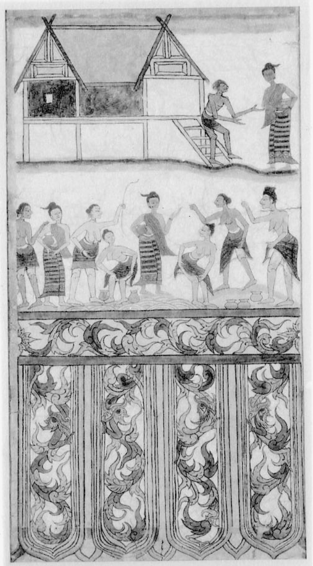 Schwarzes und weißes thailändisches Gemälde, das Menschen in traditioneller Kleidung bei Aktivitäten wie Tanzen und Musizieren zeigt, mit einem dekorierten Haus im Hintergrund.