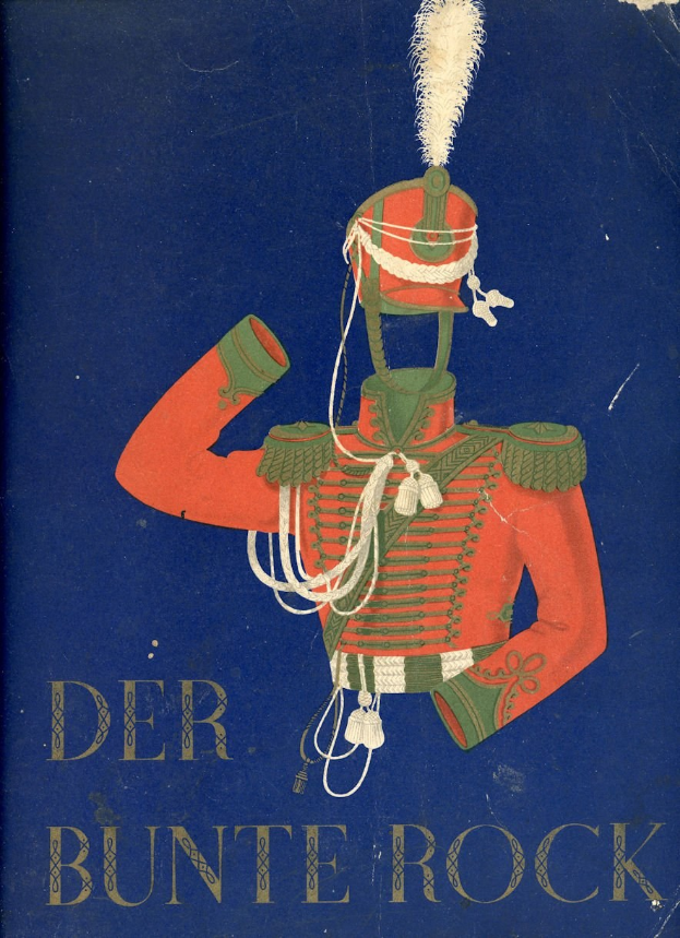 Ein Buchumschlag mit einem Mann in roter und grüner Militäruniform mit weißer Mütze und roter Cape, der in einer heroischen Pose mit gekreuzten Armen und entschlossener Miene steht, mit dem Titel in fetten schwarzen Buchstaben oben.
