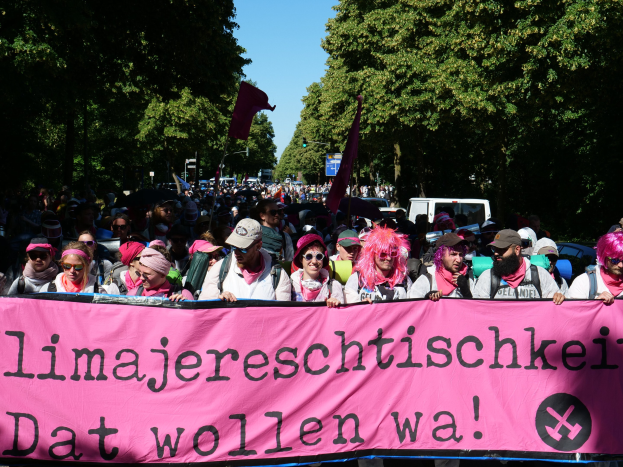 Eine Gruppe von Menschen marschiert auf einer Straße, hält ein pinkes Banner mit der Aufschrift "Women's March in Berlin", einige tragen Mützen und Schutzbrillen, andere halten Fahnen, vor einem Hintergrund aus Bäumen, Fahrzeugen und Himmel.