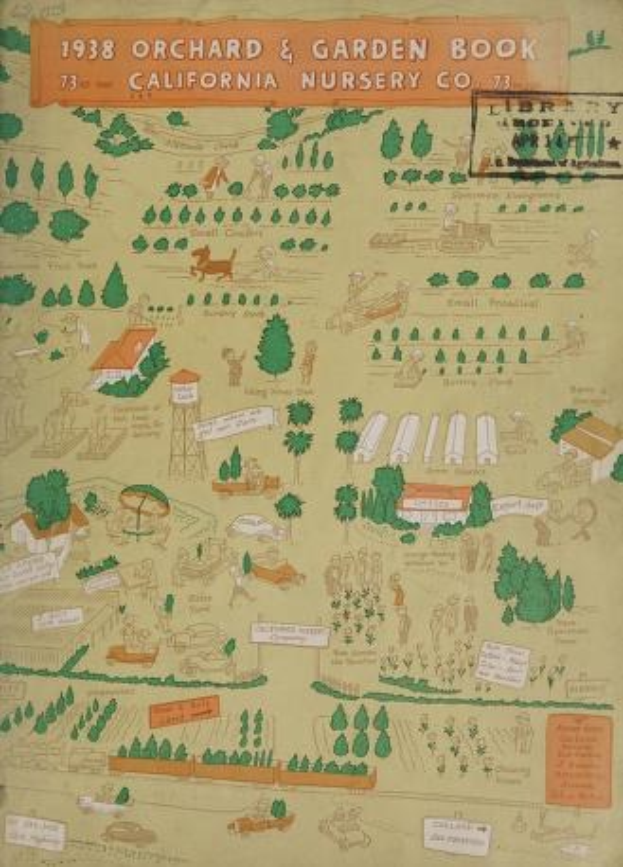 Ein 1938 Obst- und Gartenbuch von California Nursery Co. mit einer detaillierten Karte eines Obstgartens und Gartens mit beschrifteten Bäumen, Häusern, Tieren und anderen Gegenständen.