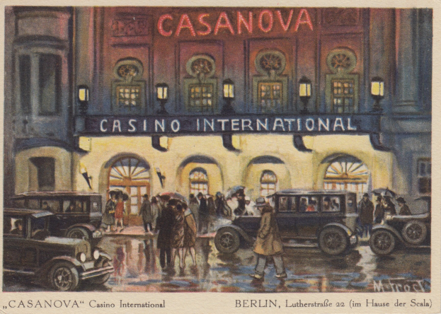 Gemälde des Casanova Casino International in Berlin, Deutschland, das ein Gebäude mit Fenstern, Lichtern und einer Namensschilder zeigt, eine Gruppe von Menschen und Fahrzeugen auf der Straße sowie Text unten.