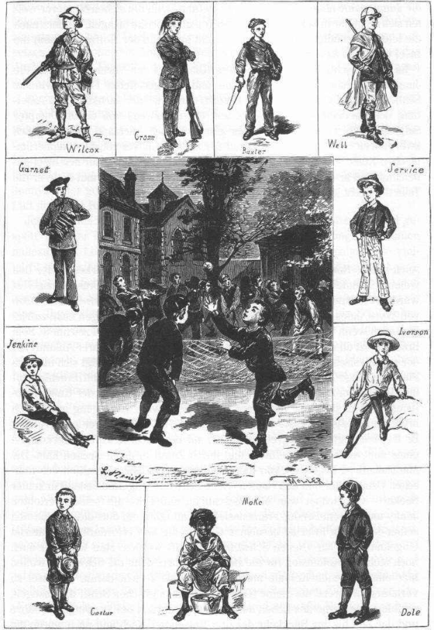 Schwarze und weiße Zeichnung von Kindern, die Baseball spielen, mit einem Gebäude und Bäumen im Hintergrund, betitelt mit "Die Geschichte des Baseballs."