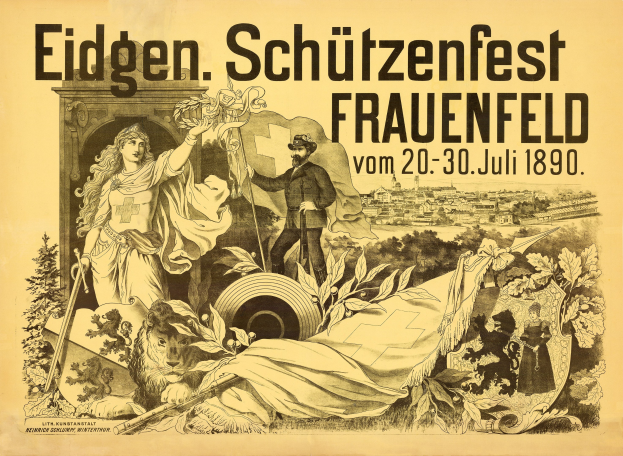 Alter Plakatentwurf für das Eidgen Schützenfest in Frauenfeld, Deutschland, der einen formell gekleideten Mann und eine Frau nebeneinander zeigt, mit Ereignisinformationen im Text.