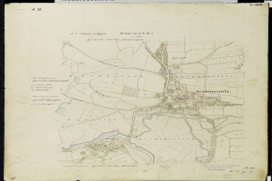 Ein detailliertes altes Stadtplan von Nürnberg, Deutschland, das Straßen, Gebäude und Sehenswürdigkeiten mit Textbeschriftungen zeigt.