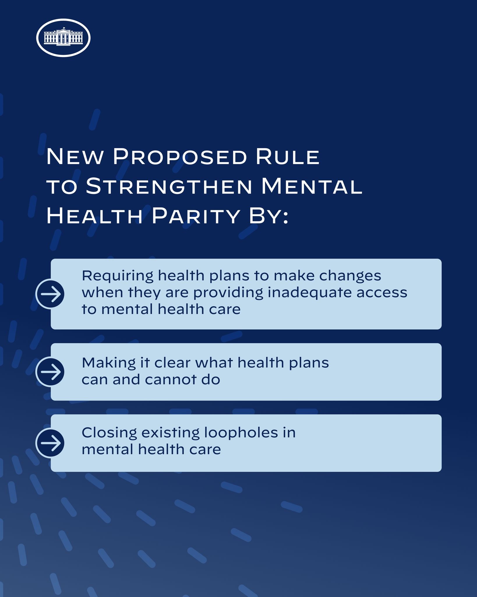 Blauer Hintergrund mit weißer Schrift und einem weißen Kreis-Logo mit einer blauen Umrandung, das eine neue Regel zur Stärkung der Psychiatrie-Gleichbehandlung vorschlägt.
