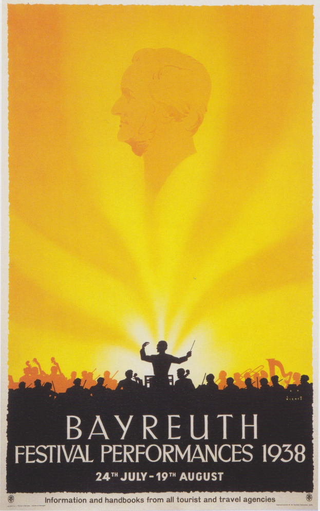 Plakat für die Bayreuth-Festival-Aufführungen 1938, das eine zentrale Figur umgeben von einer Gruppe zeigt, mit Text, der Festivaldetails enthält.