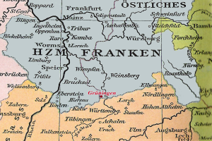 Eine Deutschlandkarte, die die Provinzen HZM-Franken hervorhebt, mit wichtigen Städten, Flüssen und anderen geografischen Merkmalen.