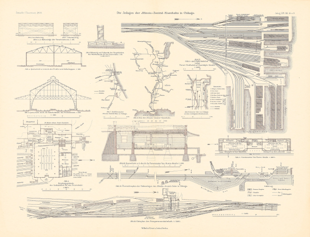 Eine detaillierte Abbildung eines Bahnhofs mit Gleisen, Bahnsteigen und Gebäuden auf dem Cover eines alten Buches mit begleitendem Text über seine Geschichte.