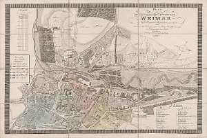 Alte detaillierte Karte von Weimar, Deutschland, mit Straßen, Gebäuden und Sehenswürdigkeiten, begleitet von beschreibendem Text.