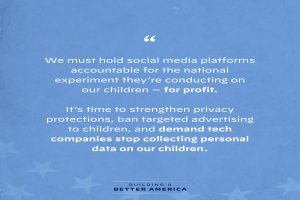 Ein Plakat mit einem Zitat aus 'Building a Better America', das lautet: 'Wir müssen Social-Media-Plattformen für das nationale Experiment zur Verantwortung ziehen, das sie an unseren Kindern durchführen - zum Profit.', geschmückt mit Sternen.