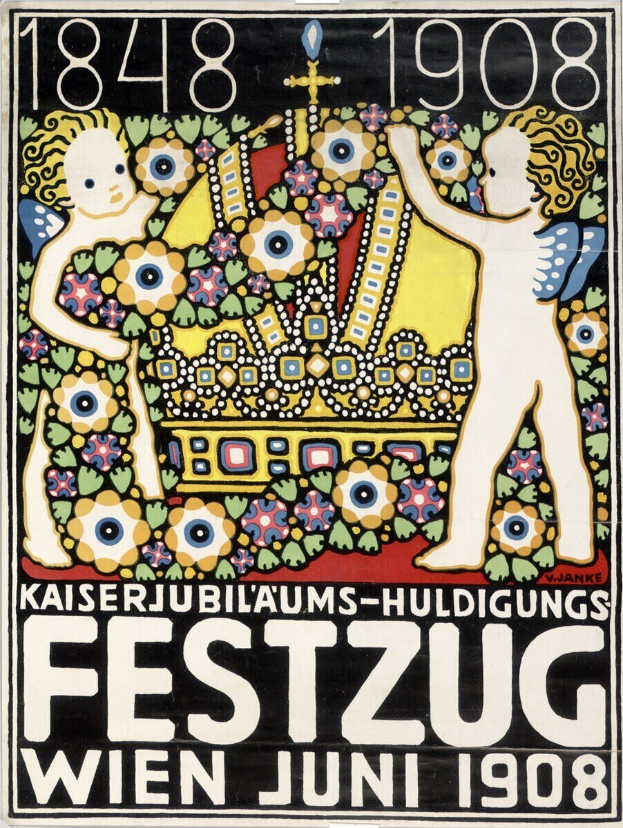Festivalkunst in Wien, Österreich, mit einem Gemälde von einem Jungen und einem Mädchen, die nebeneinander stehen und sich umarmen, sowie Text mit Festivaldetails.