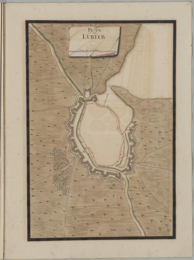 Ein altes Buch mit einer detaillierten Karte der Stadt Lübeck, die Straßen, Gebäude und Sehenswürdigkeiten zeigt, begleitet von Texten über die Bevölkerung, Geschichte und Kultur der Stadt.