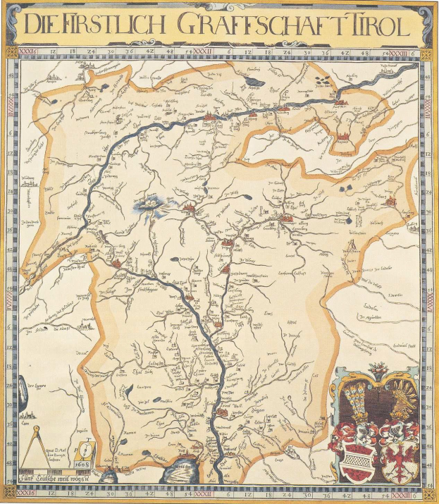 Ausführliches historisches Plakat der ersten Grafschaft Tirol mit einer Karte, die geographische Merkmale und begleitenden Text über die Region und ihre Bewohner enthält.