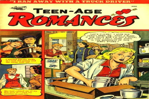 Ein buntes DC-Comics-Plakat mit der Aufschrift 'Teen-Age Romances 23-A', das eine Gruppe von Menschen in einer romantischen Umarmung zeigt.