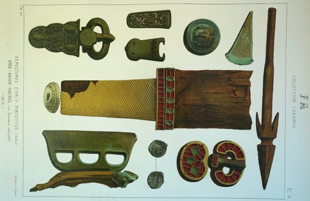 Ein Buch mit einem Dolch, Messer und anderen Waffen auf dem Cover, zusammen mit Text, der die Gegenstände zu beschreiben scheint.