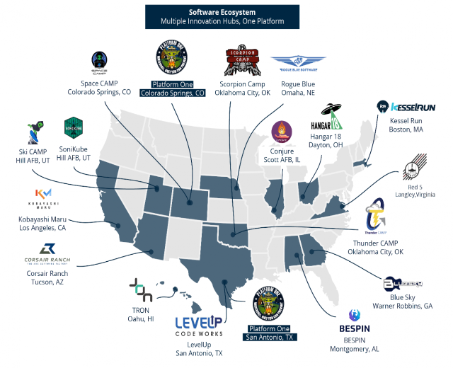 Eine Landkarte der Vereinigten Staaten, die Logos verschiedener Unternehmen innerhalb des Software-Ökosystems anzeigt, mit Text, der die Unternehmen und ihre Standorte beschreibt.