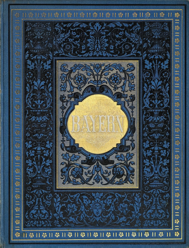 Ein blau-goldenes Buch mit dem Wort 'Bayern' auf dem Cover, verziert mit aufwändigen Dekorationen.