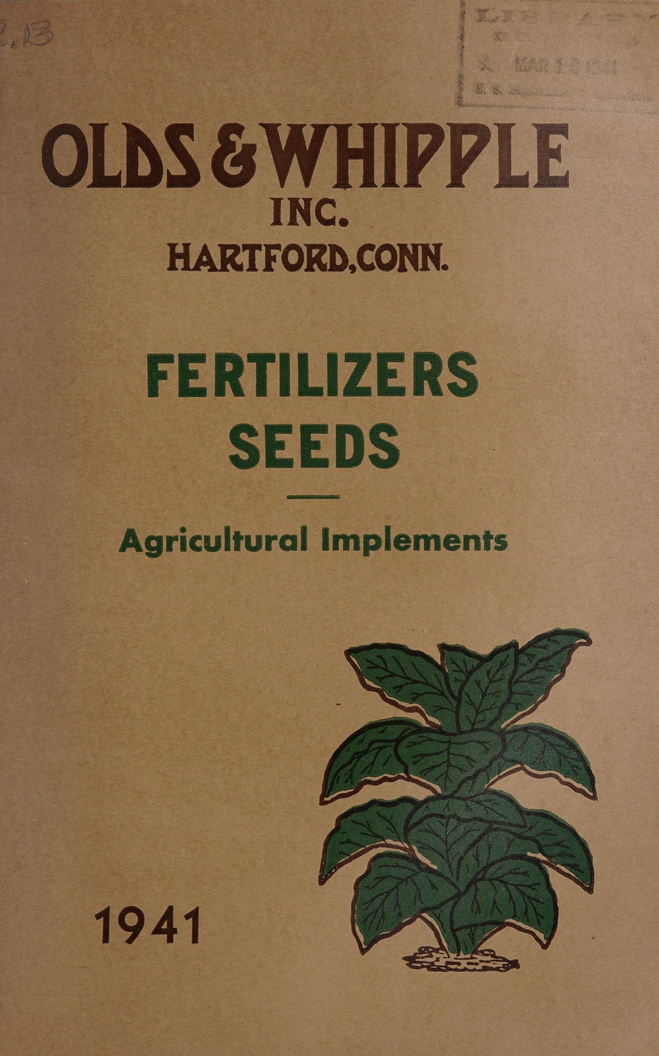 Altes Buchcover mit dem Titel "Düngemittel Saatgut Landmaschinen 1941" mit einer Illustration einer grünen Pflanze mit Blättern und Stielen, eingerahmt von einem weißen Rand.