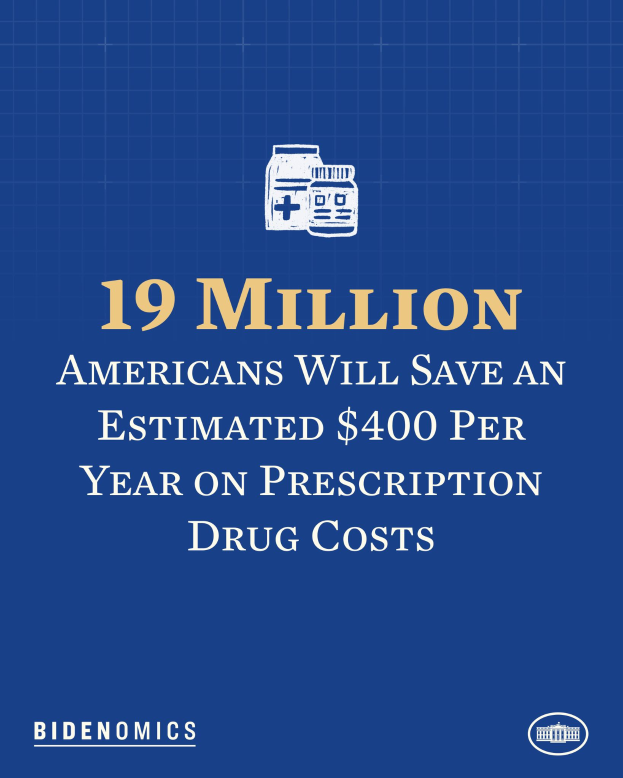 Ein blauer Hintergrund mit weißer Schrift und einem Logo, das "19 Millionen Amerikaner sparen geschätzt 400 USD pro Jahr an Arzneimittelkosten" lautet.