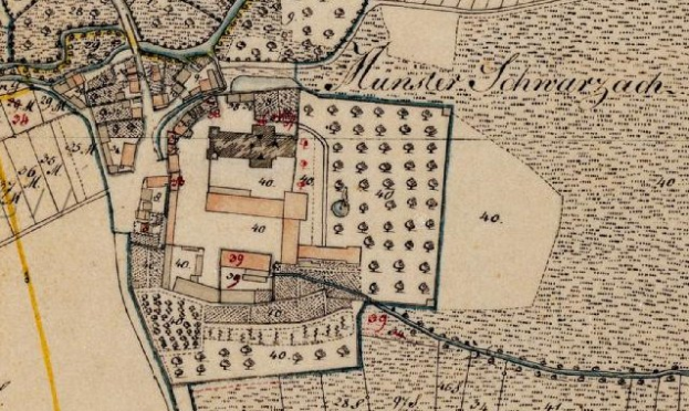 Alte Karte von München, Deutschland, die Schwarzach in der Mitte hervorhebt, mit detaillierten Straßen, Gebäuden und Text, der die Größe, den Standort und die Geschichte der Stadt beschreibt.