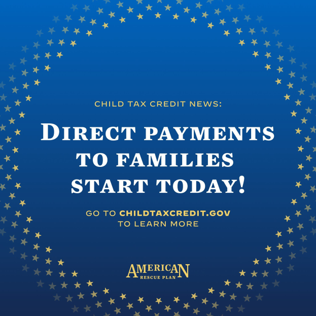 Plakat mit Text "Direkte Zahlungen an Familien beginnen heute" und einem Sternenrand.