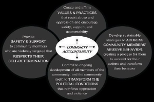Ein Diagramm mit dem Titel "community accountability" mit drei miteinander verbundenen Kreisen um einen zentralen Kreis, alle in hellen Farben, mit fetter Schrift, die den Begriff betont.