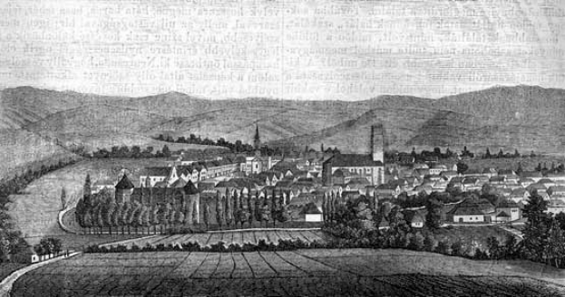 Schwarz-weiß-Zeichnung einer kleinen Stadt in einem Tal umgeben von Bäumen und Hügeln, beschriftet mit "Bayern, Deutschland, 1857".