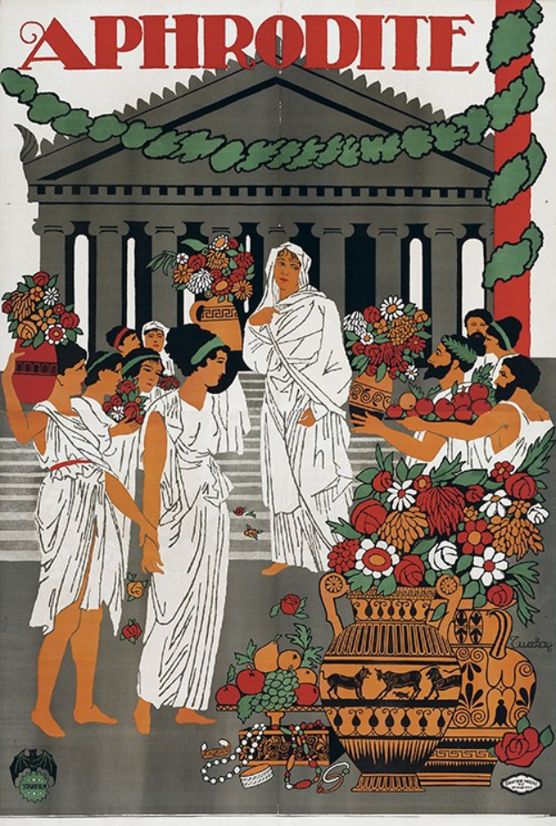 Plakat für das Aphrodite-Festival in Athen, Griechenland, das Menschen vor einem Gebäude mit einem Blumenstrauß im Vordergrund und Text zeigt, der das Ereignis beschreibt.