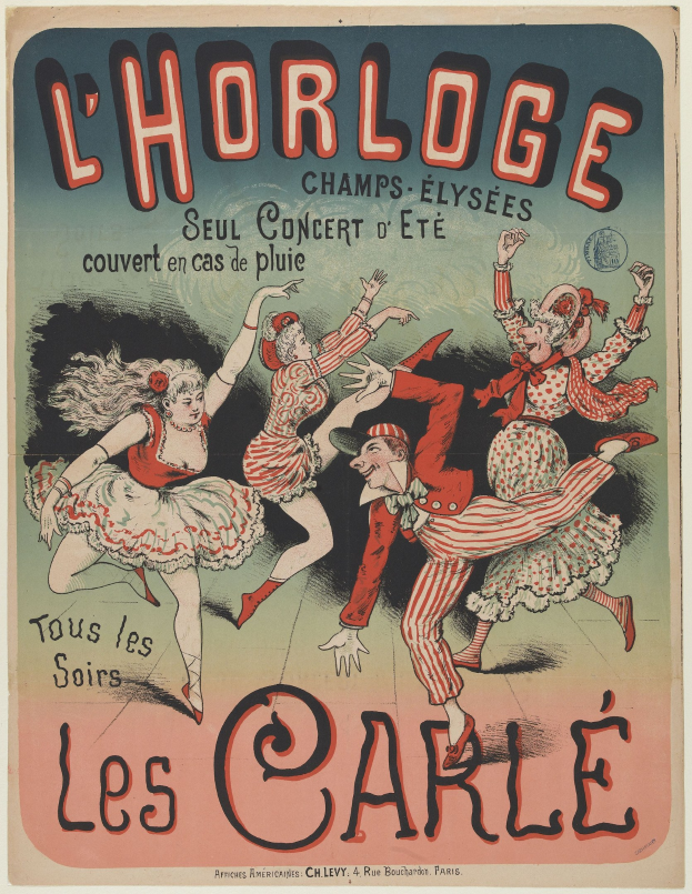 Plakat für ein Konzert im Chorlage in Paris mit einer Gruppe von Menschen, die in bunten Kostümen tanzen und strahlende Gesichter haben, umgeben von fettem Text auf einem hellgelben Hintergrund.