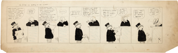 Cartoon eines Mannes mit Zylinder und einer Frau in einem Kleid in einer Diskussion, wobei der Mann ein Blatt Papier hält.