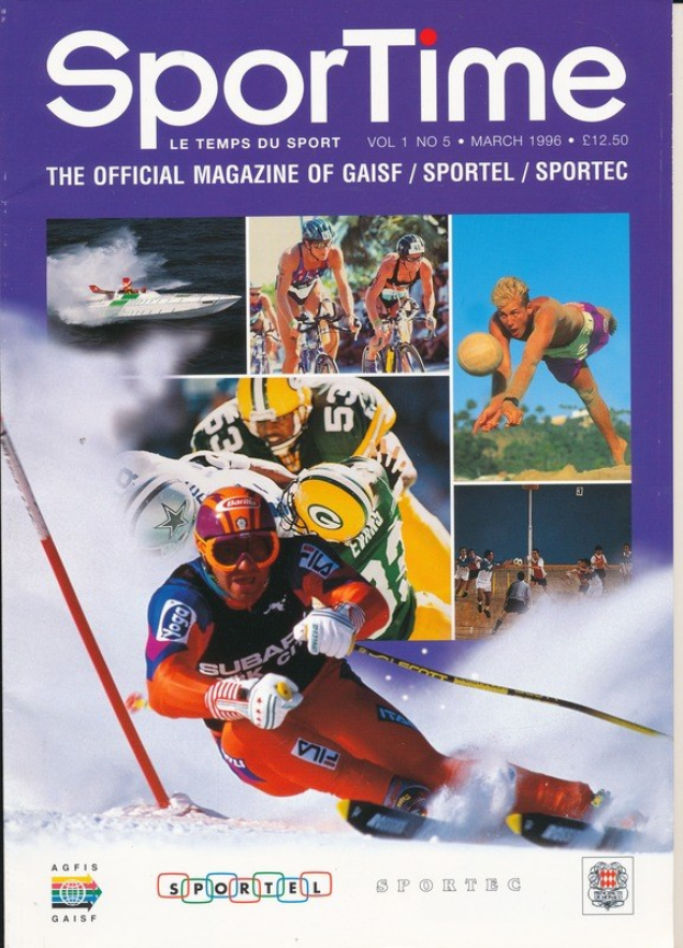 Ein Magazin-Cover mit der Aufschrift "Sporttime Magazine - März 1996" mit Bildern von Skifahren und Snowboarden sowie Text und Logos.