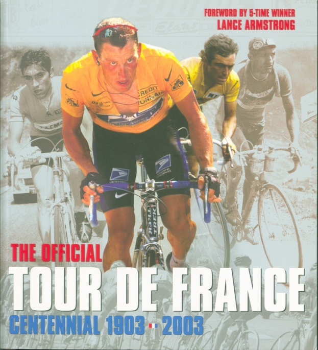 Offizielles Tour-de-France-Jubiläumsplakat (1903–2003) mit Fahrradfahrern in einer Gruppe und begleitendem Text.