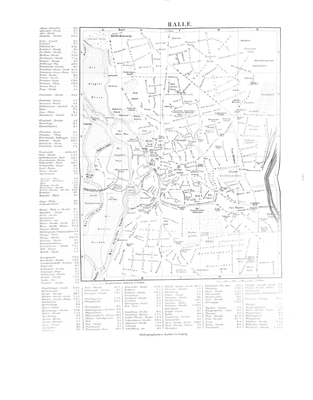 Schwarz-weiß-Karte von Halle, Deutschland mit detailliertem Text und Übersichtsbereich.
