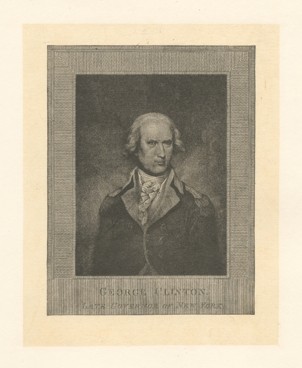 Portrait von George Clinton, dem späten Gouverneur von New York, in einem Anzug mit ernstem Gesichtsausdruck, der direkt in die Kamera schaut; Text unten lautet 'George Clinton'.