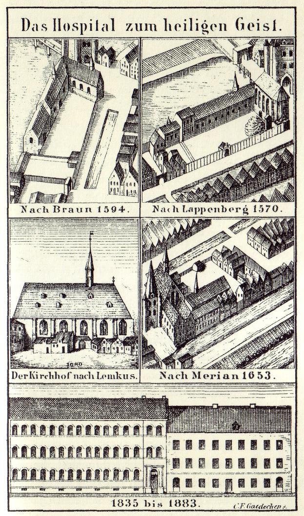 Detailgetreue Abbildung eines deutschen Krankenhausgebäudes auf einem Plakat, einschließlich Fenstern, Türen und Balkonen, mit begleitendem Text, der seine Größe, Lage und Merkmale beschreibt.