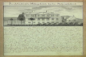 Ein historisches Dokument mit einer Zeichnung eines großen Gebäudes, das von Bäumen und einem Zaun umgeben ist, betitelt mit "Das Haus des Präsidenten von Deutschland".