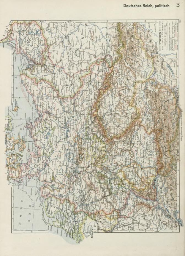 Alte Karte aus dem 19. Jahrhundert, die die politischen Grenzen Deutschlands zeigt, auf altem Papier gedruckt mit Text oben und unten.