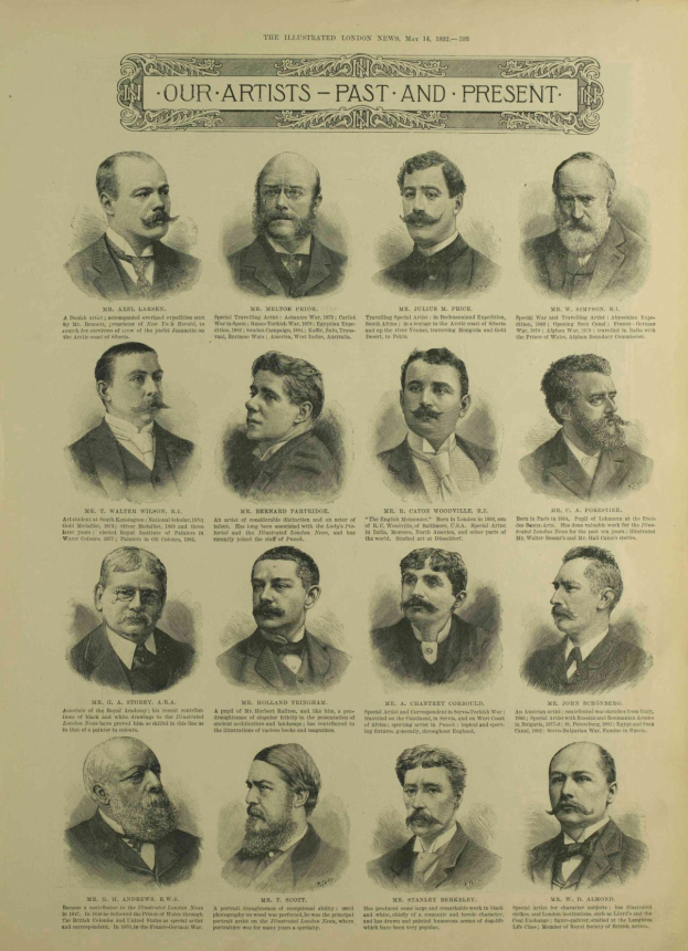Eine Sammlung von illustrierten Porträts von Männern mit verschiedenen Gesichtsausdrücken, Haarstilen und offensichtlichen Alters, beschriftet mit "Unsere Künstler - Vergangenheit und Gegenwart."