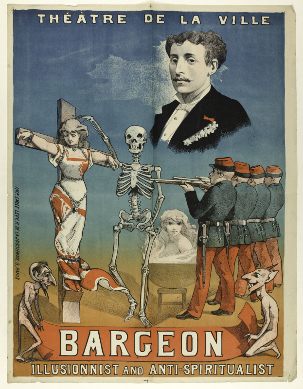 Plakat für das Théâtre de la Ville in Paris mit einem Skelett mit ausgestreckten Armen, umgeben von aufgeregten Menschen, mit fetter Schrift 'Bargeon Illusionist und Anti-Spiritualist.'