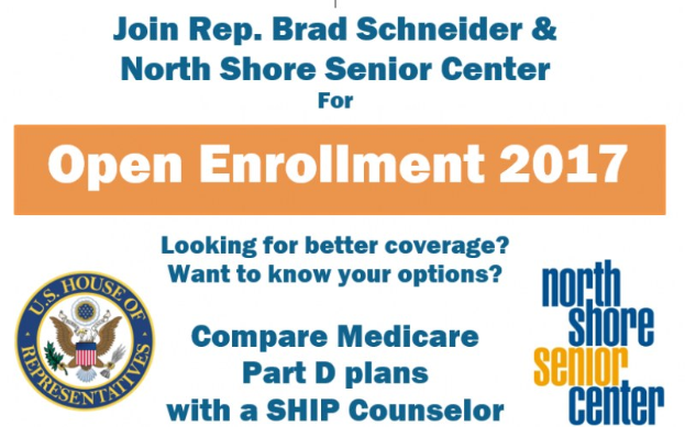 Plakat zur Ankündigung eines offenen Anmeldeereignisses mit Rep. Brad Schneider und dem North Shore Senior Center, das ihr Logo zeigt.