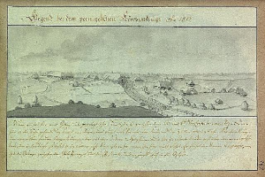 Historisches Bild der Belagerung von Leipzig im Jahr 1812, das eine dicht bebaute Stadt mit zahlreichen Gebäuden im Hintergrund und begleitenden Text zeigt.