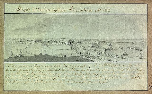 Historisches Bild der Belagerung von Leipzig im Jahr 1812, das eine dicht bebaute Stadt mit zahlreichen Gebäuden im Hintergrund und begleitenden Text zeigt.